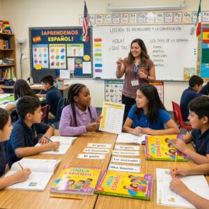 Teacher interacting with students in a Spanish language classroom surrounded by educational materials and flashcards